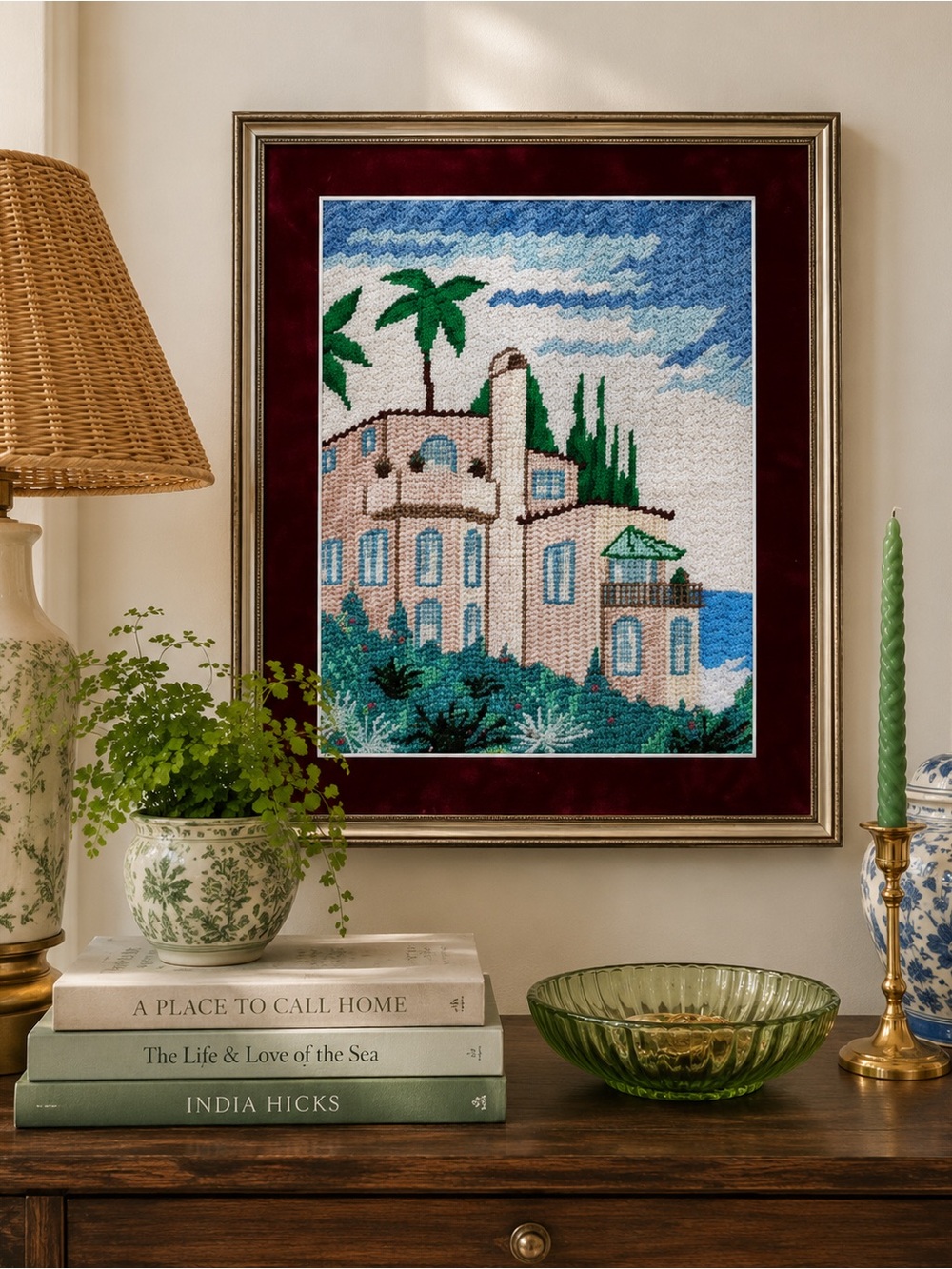Vintage Framed Mediterranean Villa Needlepoint Hand-Stitched Coastal Landscape